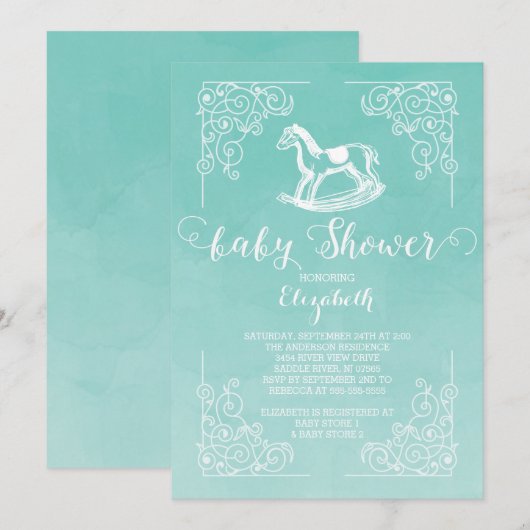 Waterverf Rocking Horse Baby shower Invitation Kaart (Voorkant / Achterkant)