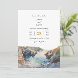 Waterverf Rocky Coastal Sunset Cove Beach bruiloft Kaart