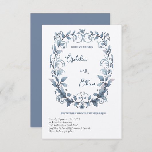 Waterverf Rococo Floral Wreath bruiloft uitnodigin Kaart (Voorkant / Achterkant)