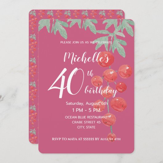 Waterverf rode aalbessen met handbeschilderd kaart (Voorkant / Achterkant)