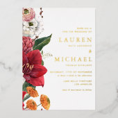 Waterverf rode amaryllis en chrysant bruiloft folie uitnodiging (Voorkant)