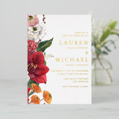 Waterverf rode amaryllis en chrysant bruiloft folie uitnodiging (Staand Voorkant)