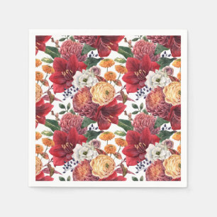 Waterverf Rode Amaryllis en Chrysanten Bloemschikk Servet