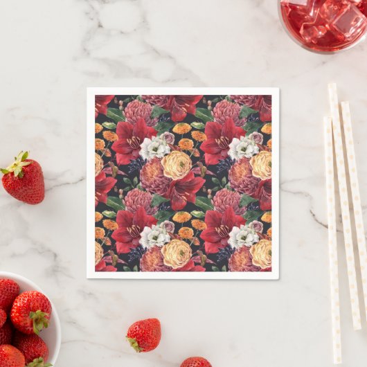 Waterverf Rode Amaryllis en Chrysanthemums Bloemen Servet (Insitu)