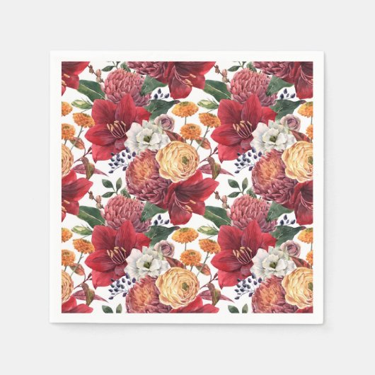 Waterverf Rode Amaryllis en Chrysanthemums Bloemen Servet (Voorkant)