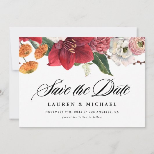 Waterverf Rode Amaryllis en Herfst Bloemen QR Code Save The Date (Voorkant)