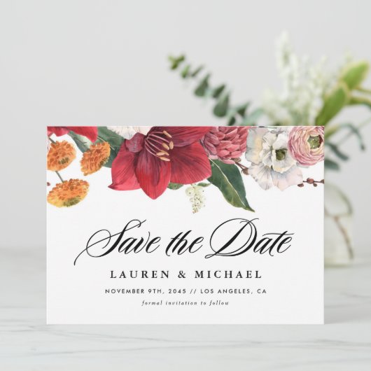 Waterverf Rode Amaryllis en Herfst Bloemen QR Code Save The Date (Staand voorkant)