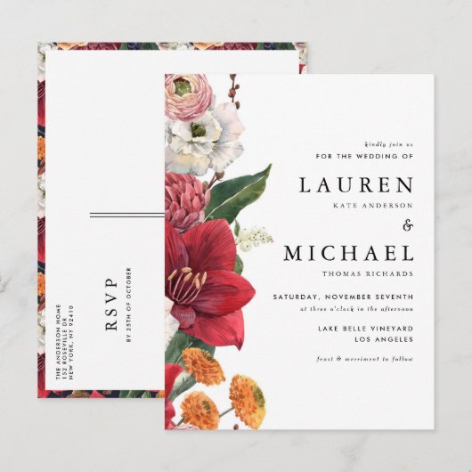Waterverf rode amaryllis en herfstbloemenbruiloft uitnodiging briefkaart (Voorkant / Achterkant)