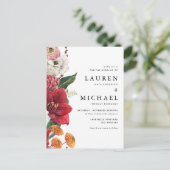 Waterverf rode amaryllis en herfstbloemenbruiloft uitnodiging briefkaart (Staand voorkant)