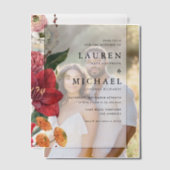 Waterverf rode amaryllis en herfstbloemenbruiloft vellum uitnodigingen (Offset (Koppel))