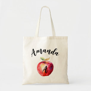 Waterverf Rode Apple Gebogen Naam Monogramed Tote Bag