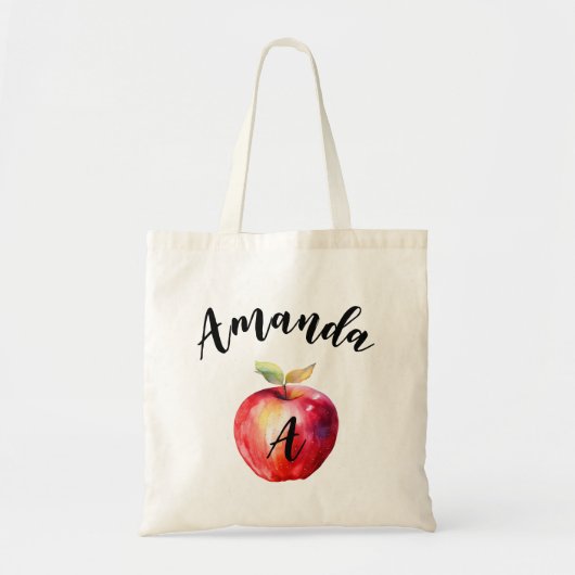 Waterverf Rode Apple Gebogen Naam Monogramed Tote Bag (Voorkant)
