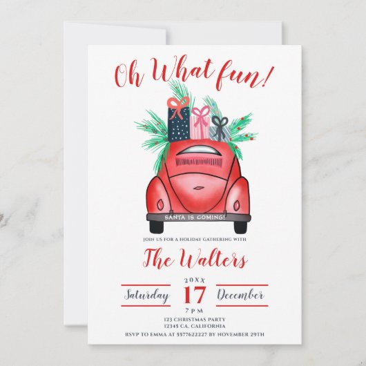 Waterverf rode auto illustratie kerstfeest kaart (Voorkant)
