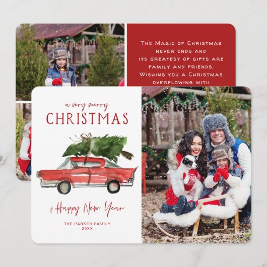 Waterverf Rode Auto | Kerst Foto Kaart (Voorkant / Achterkant)