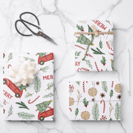 Waterverf  Rode Auto Kerstbomen Inpakpapier Vel (Voorkant)