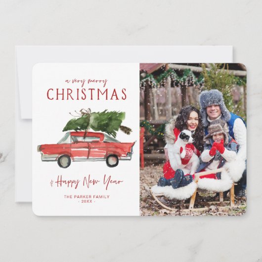 Waterverf rode auto | Kerstfeestdag — Fotokaart Kaart (Voorkant)