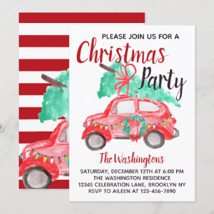  Waterverf rode auto truck kerstfeest Kaart
