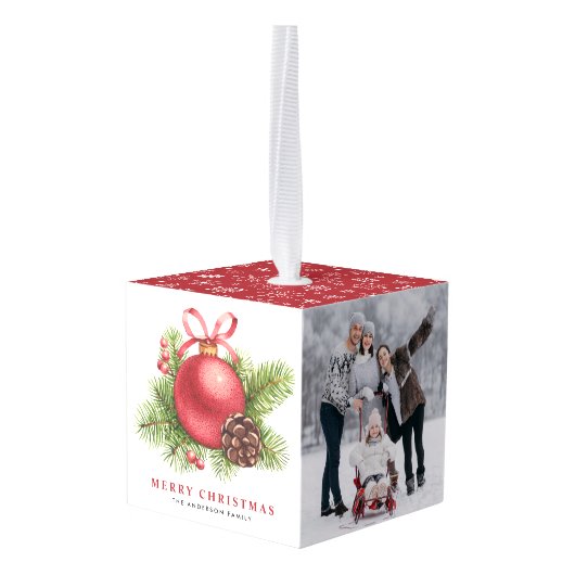 Waterverf Rode Bal Bauble Foto Kerst Decoratie (Achter hoekig)