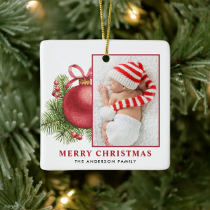 Waterverf Rode Bal Bauble Foto Kerst Keramisch Ornament