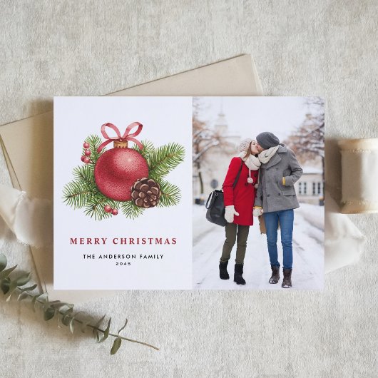 Waterverf Rode Bal Ornament Foto Kerst Feestdagen Kaart
