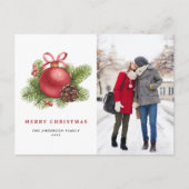 Waterverf Rode Bal Ornament Foto Kerst Feestdagenkaart (Voorkant)