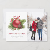 Waterverf Rode Bal Ornament Foto Kerst Feestdagenkaart (Voorkant)