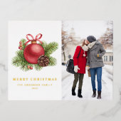 Waterverf Rode Bal Ornament Foto Kerst Folie Feestdagen Briefkaart (Voorkant)