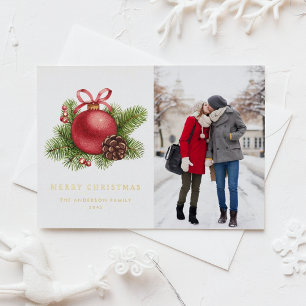 Waterverf Rode Bal Ornament Foto Kerst Folie Feestdagen Briefkaart