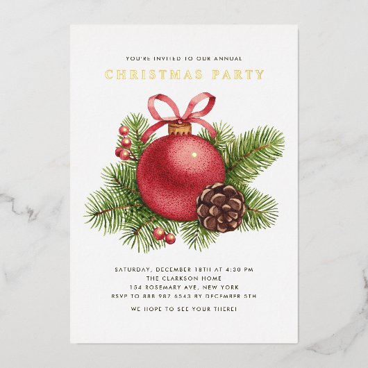 Waterverf Rode Bal Ornament Kerstfeest Folie Uitnodiging (Voorkant)