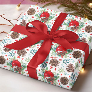 Waterverf Rode Ballen Dennenkegels Kerst Bloemen Cadeaupapier