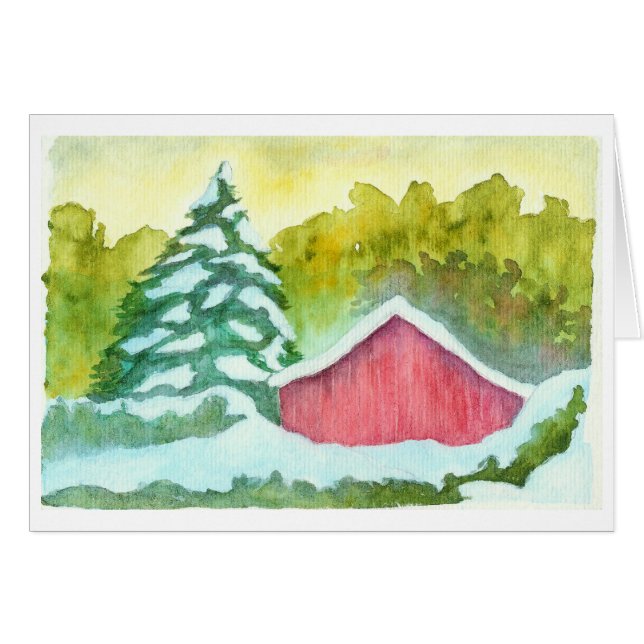 Waterverf Rode Barn in Winter Snow Evergreen Trees (Voorkant Horizontaal)
