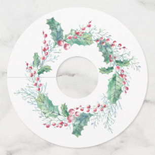 Waterverf Rode bessen en Holly Leaves Wijnglaslabel