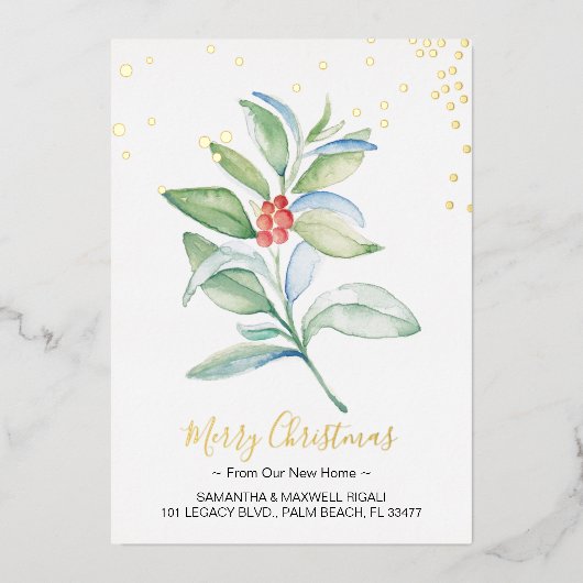 Waterverf Rode bessen en kerstavond Folie Feestdagenkaart (Voorkant)