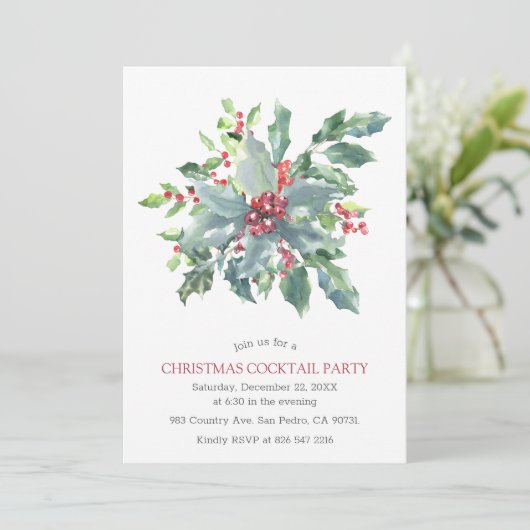 Waterverf rode bessen Holly kerstfeest Kaart (Staand voorkant)