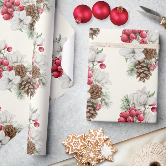 Waterverf  Rode bessen Pine Cone Christmas Cadeaupapier