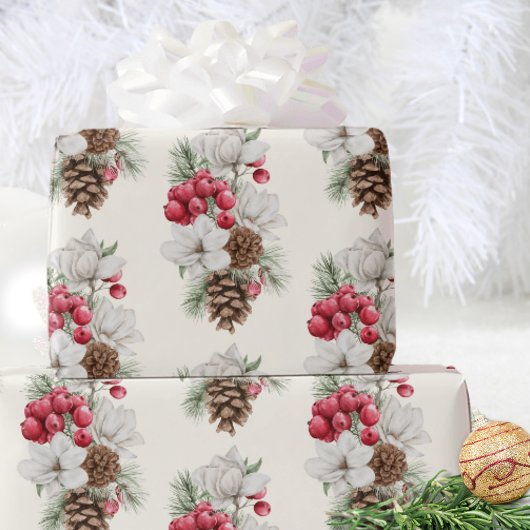 Waterverf  Rode bessen Pine Cone Christmas Cadeaupapier