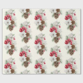 Waterverf  Rode bessen Pine Cone Christmas Cadeaupapier (Vlak)
