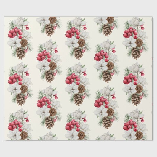 Waterverf  Rode bessen Pine Cone Christmas Cadeaupapier (Vlak)
