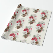 Waterverf  Rode bessen Pine Cone Christmas Cadeaupapier (Uitgerold)