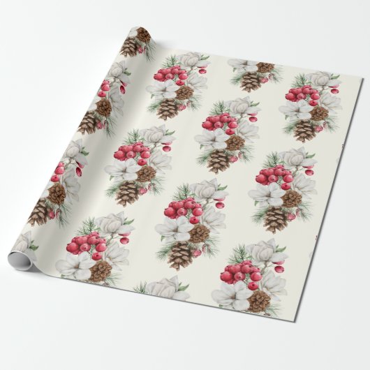 Waterverf  Rode bessen Pine Cone Christmas Cadeaupapier (Uitgerold)