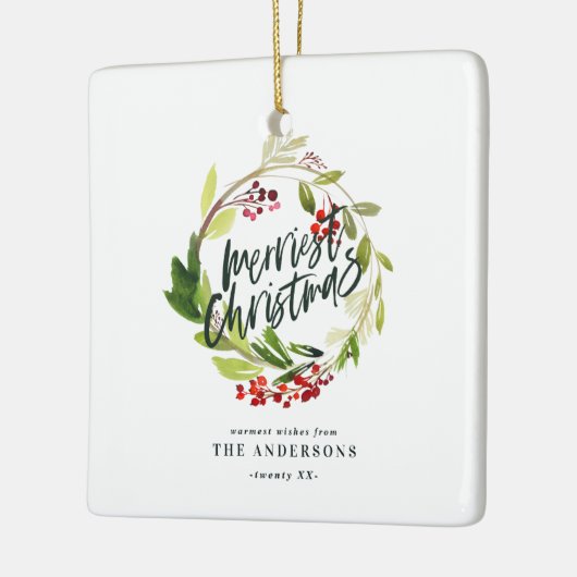 waterverf rode bessenbladeren met  voor kerstmis keramisch ornament (Links)