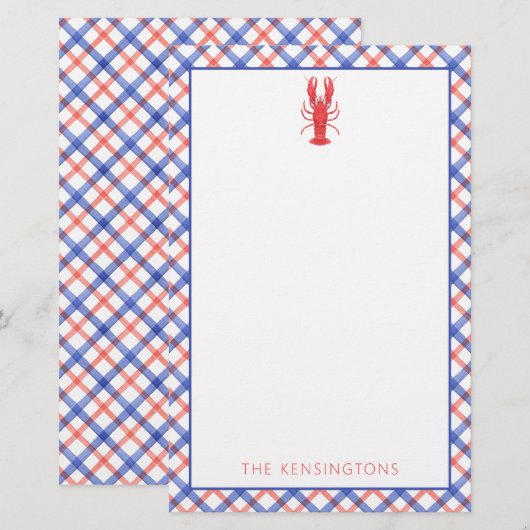 Waterverf Rode & Blauwe Plaid Kreeft Gepersonalise Briefpapier (Voorkant / Achterkant)