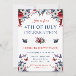 Waterverf Rode, Blauwe & Witte Bloemen 4 juli Kaart
