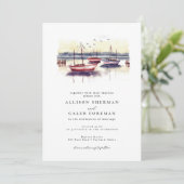 Waterverf Rode Blauwe Zeilboten Harbor Ocean Weddi Kaart (Staand voorkant)