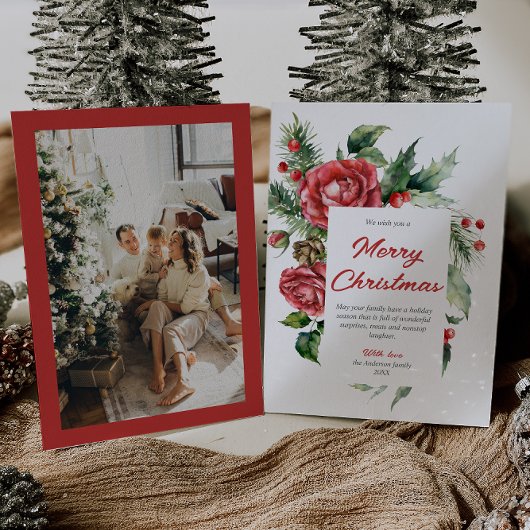 Waterverf Rode Bloembessen Foto Kerst Feestdagenkaart