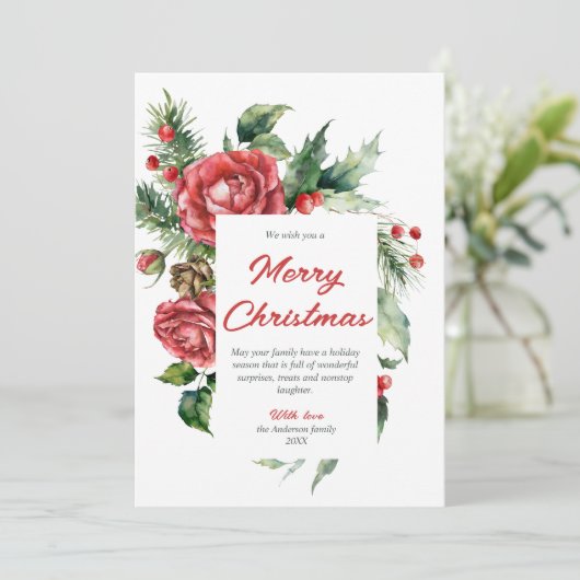Waterverf Rode Bloembessen Foto Kerst Feestdagenkaart (Staand voorkant)