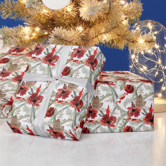 Waterverf rode bloemen groen kerstpatroon cadeaupapier (Feestdagen)