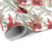 Waterverf rode bloemen groen kerstpatroon cadeaupapier (Rol Hoek)