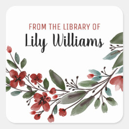 Waterverf Rode Bloemenbibliotheek Boekplaat Vierkante Sticker