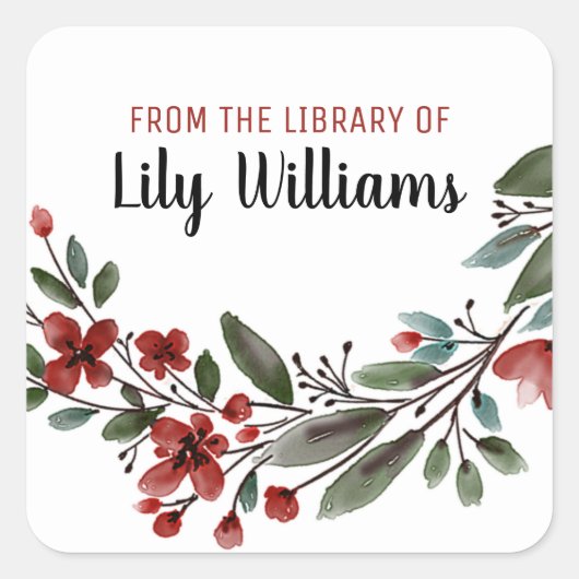 Waterverf Rode Bloemenbibliotheek Boekplaat Vierkante Sticker (Voorkant)